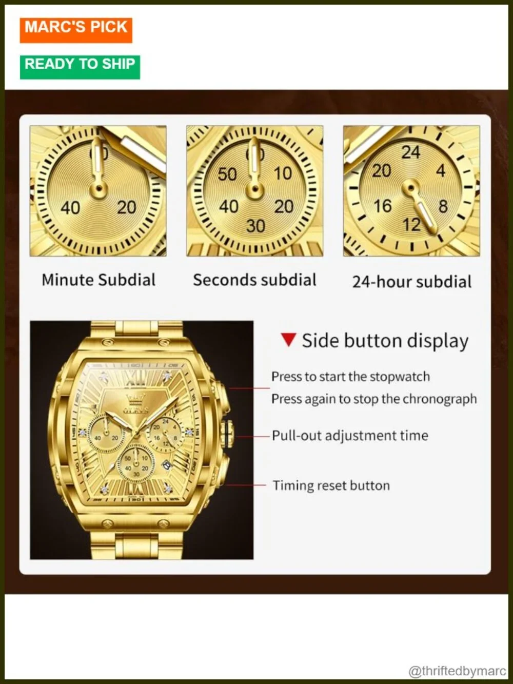 Square Chronograph Quartz Watch with Leather or Stainless Steel Band